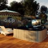 Hot tub outdoor with an amazing outdoor TV with stainless steel hot tub mount.