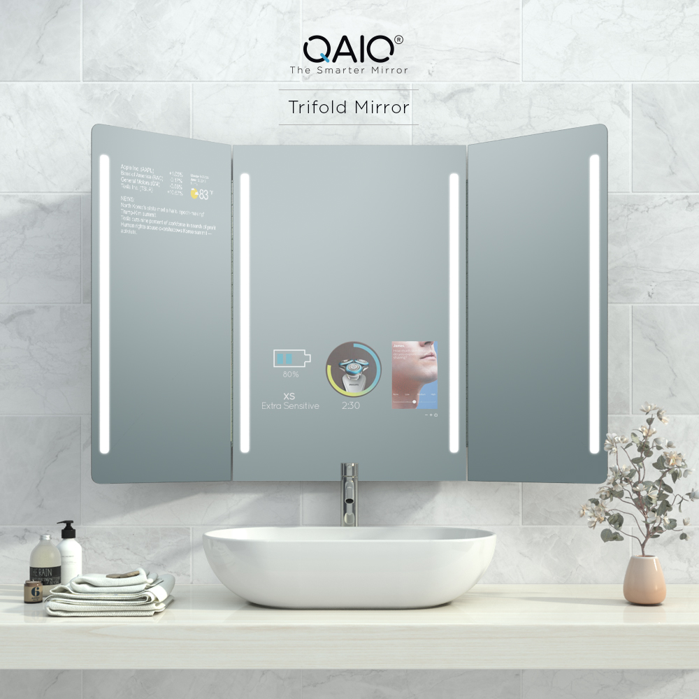 Trifold virtual bathroom mirror with Amazon Alexa .